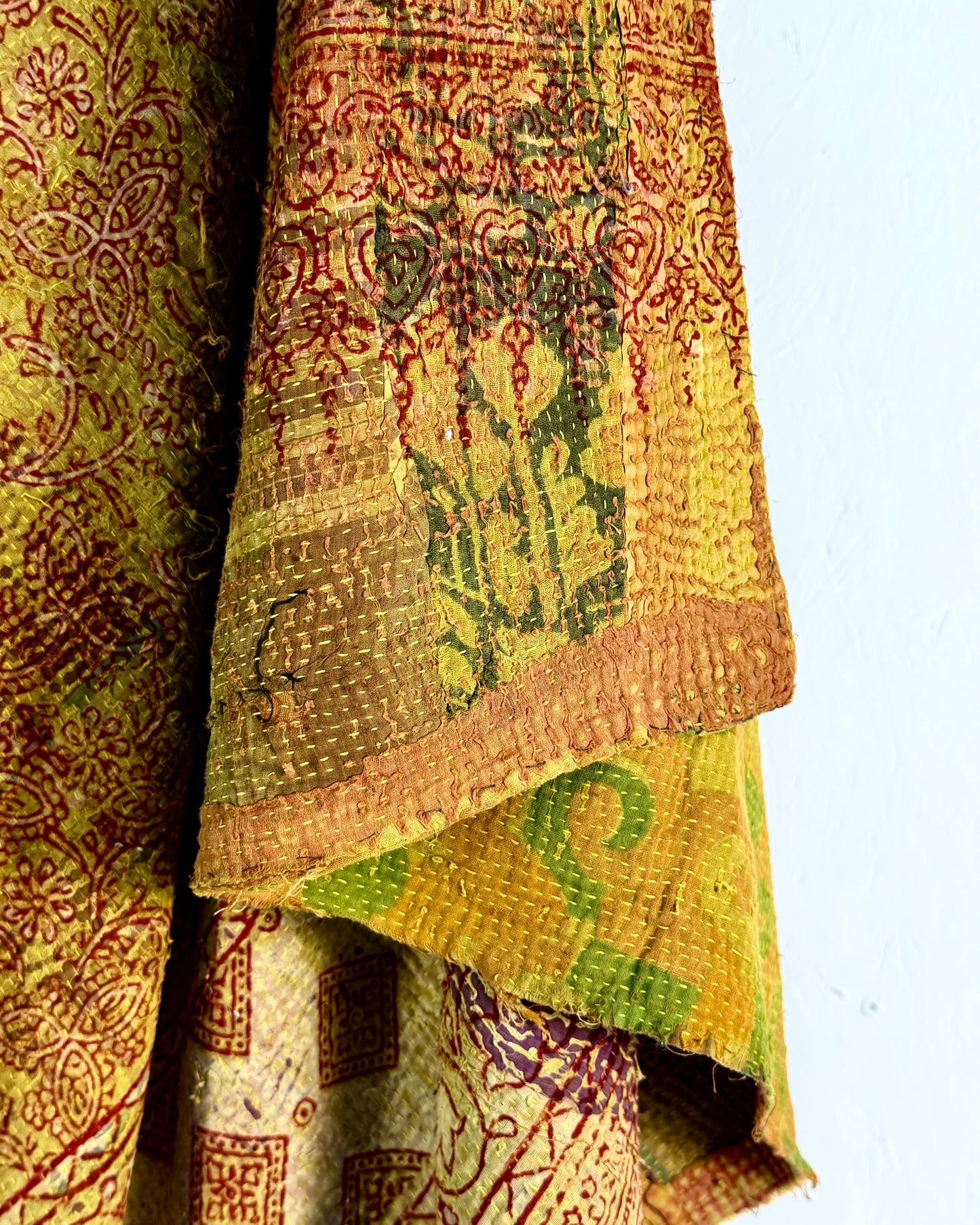 Extra Large Ajrakh Printed Vintage Kantha Quilt In Green-Gold