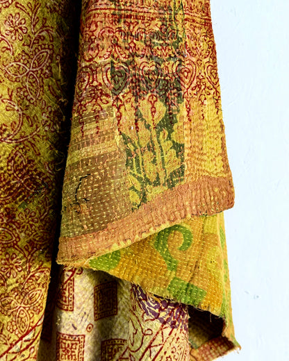 Extra Large Ajrakh Printed Vintage Kantha Quilt In Green-Gold