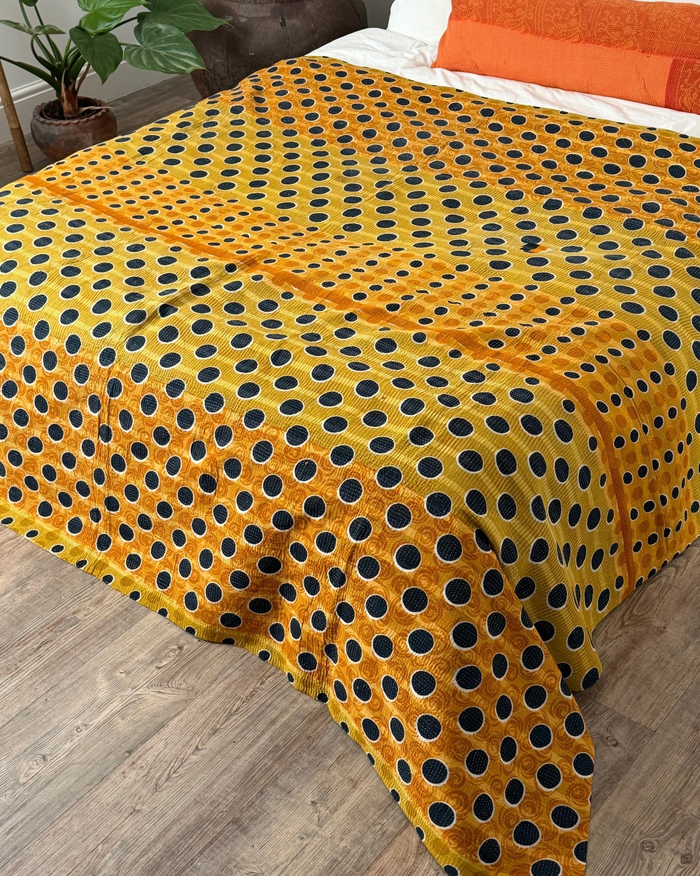 Fine Stitched Vintage Kantha Quilt With Yellow Dots and Blue Floral - Biggs & Hill