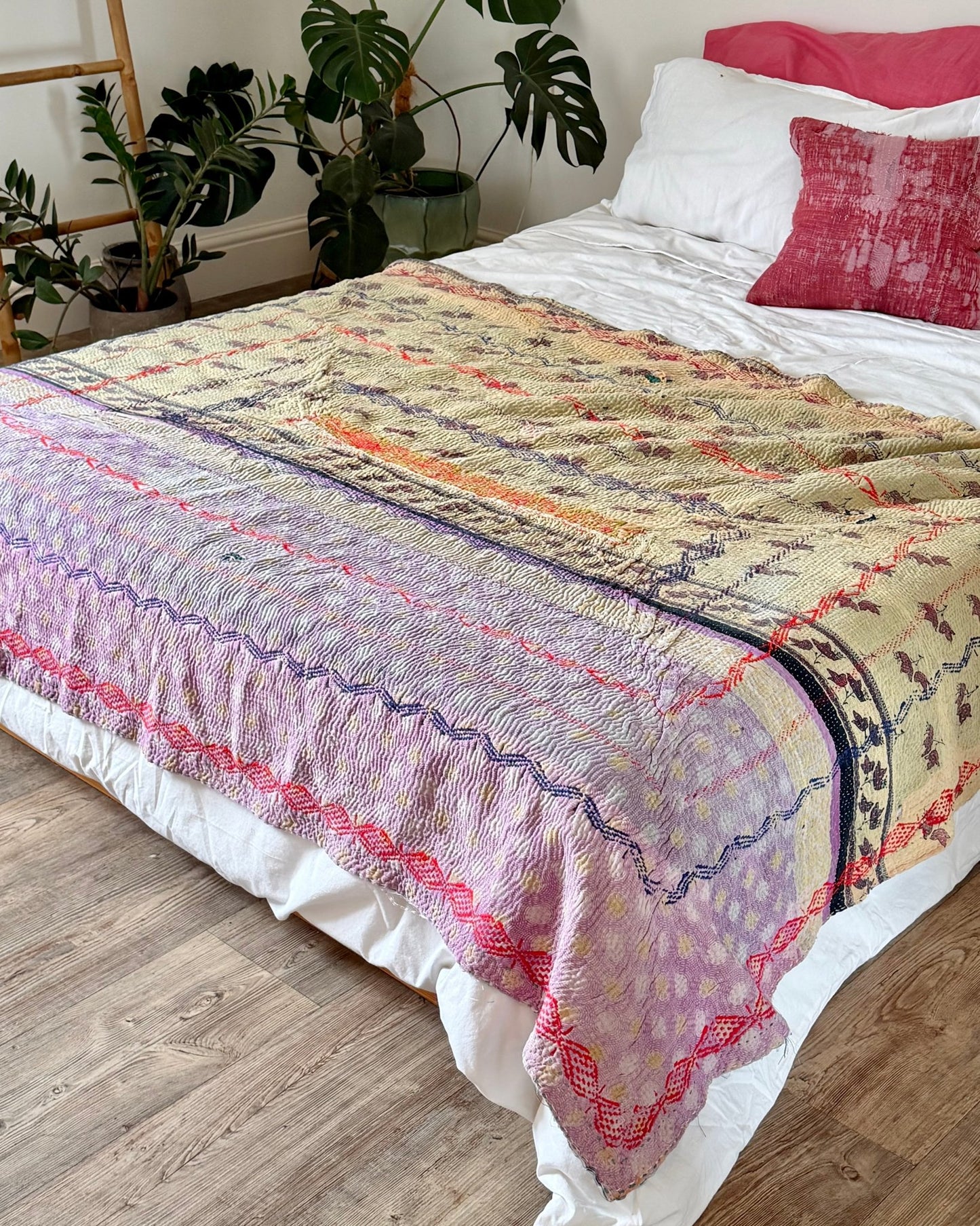 Embroidered Vintage Kantha Quilt in Yellow, Pink and Lilac - Biggs & Hill