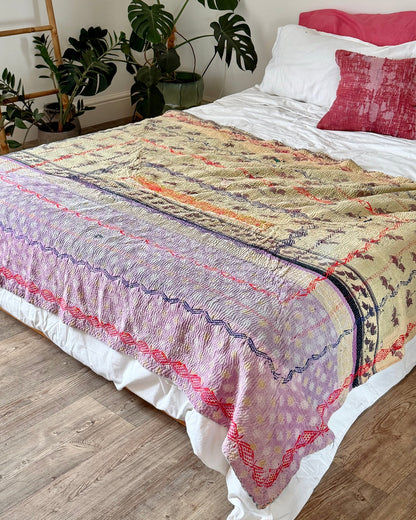Embroidered Vintage Kantha Quilt in Yellow, Pink and Lilac - Biggs & Hill