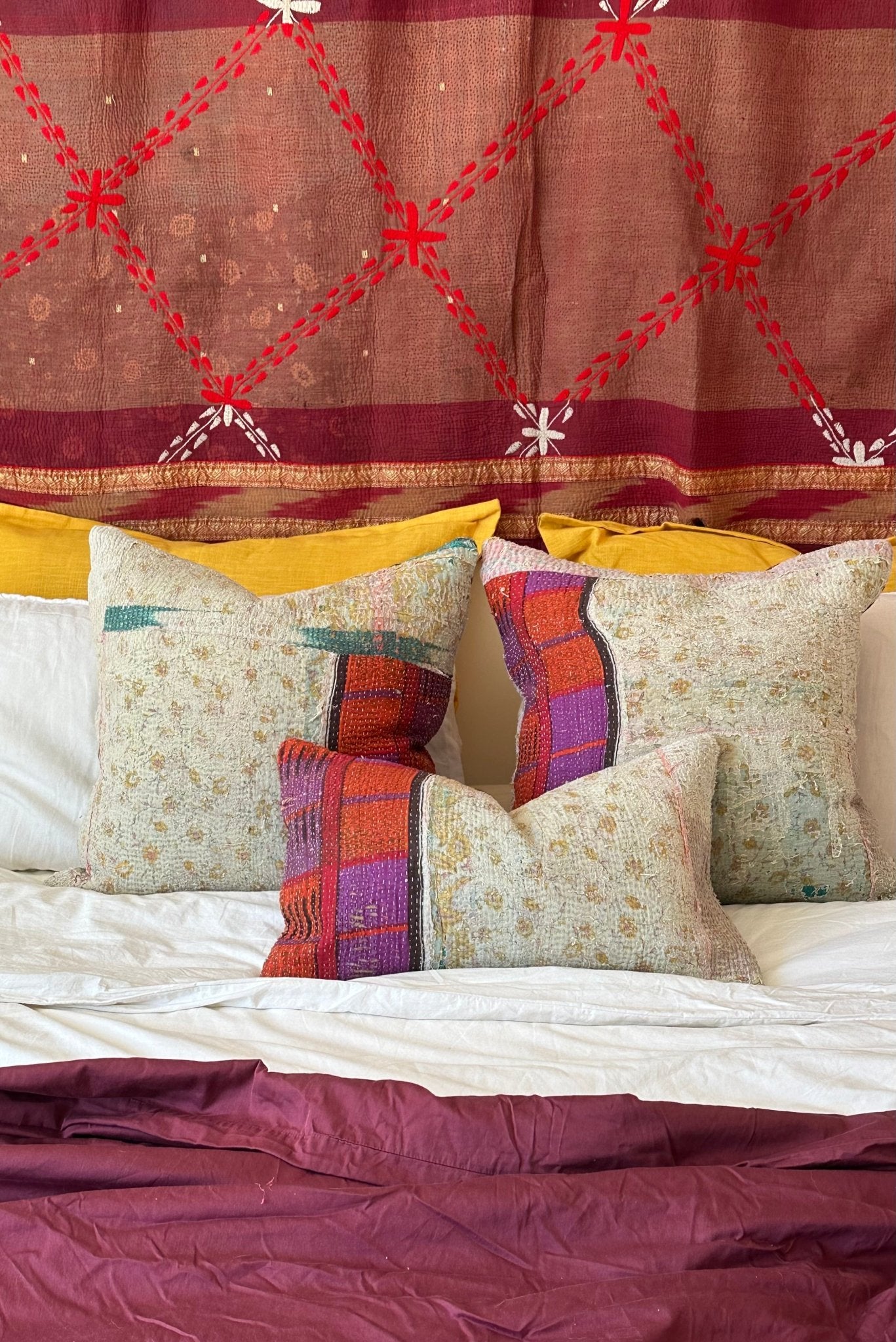 Vintage Kantha Cushion In Purple and Blue - Small Rectangular - Biggs & Hill