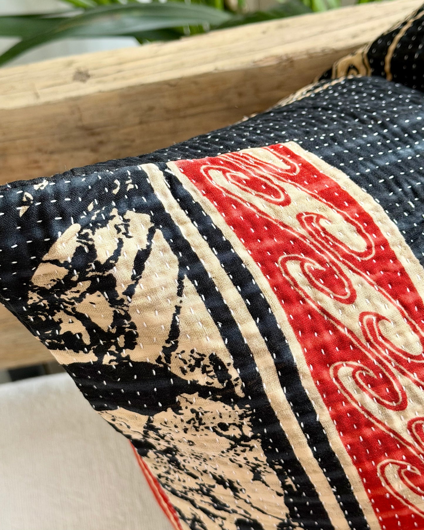 Vintage Kantha Cushion In Black and Red- 45cm Square