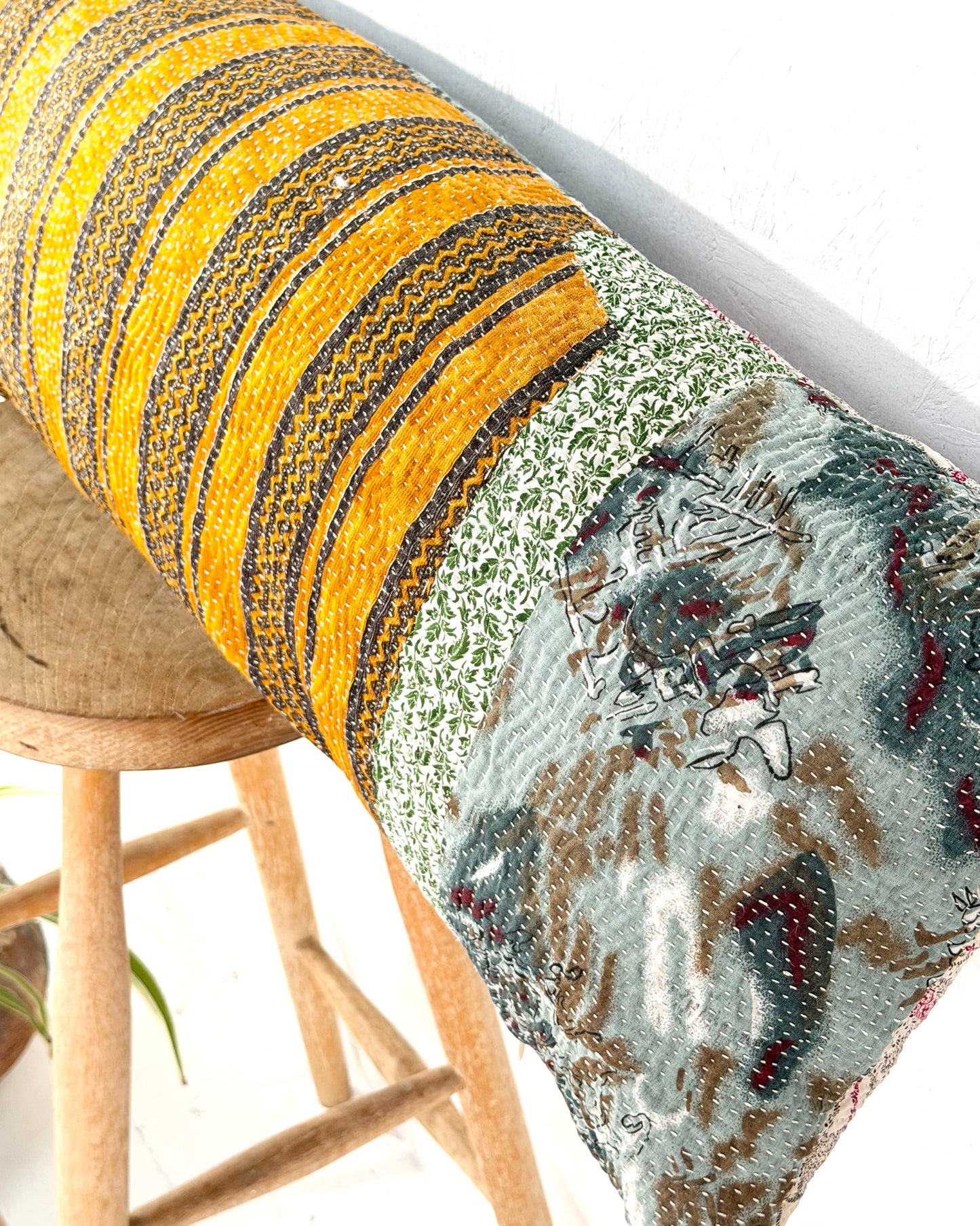 Vintage Kantha Bolster Cushion Cover In Patchwork Orange, Green and White - 100cm