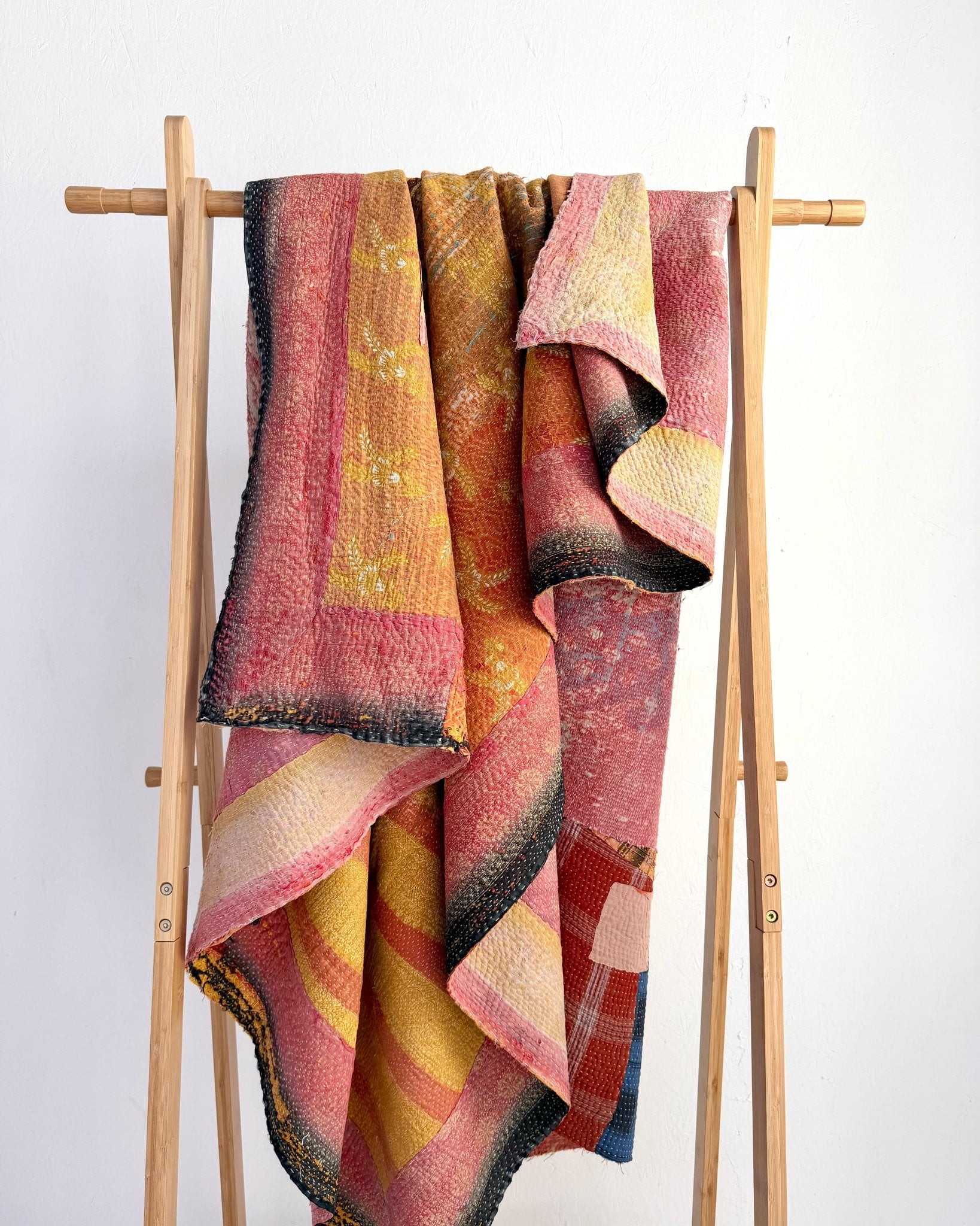 Large Textured Vintage Kantha Quilt In Yellow and Pink - Biggs & Hill