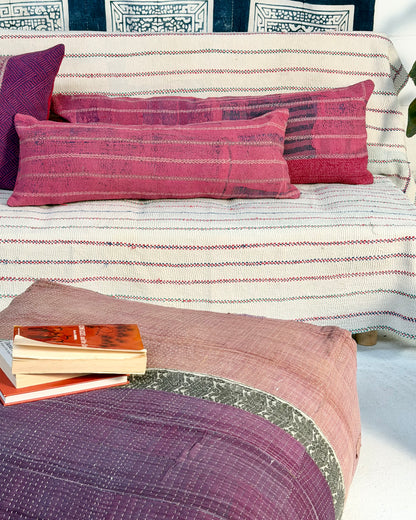 Vintage Kantha Bolster Cushion Cover In Pink With Embroidered Stripes - 80cm