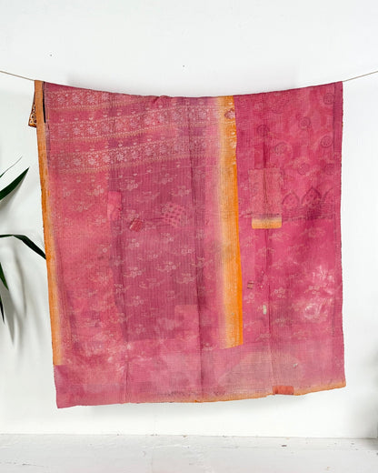 Fine Stitched Vintage Kantha Quilt with Geometric Orange Patterns - Biggs & Hill