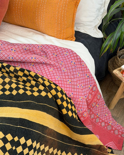 Large Fine Stitched Vintage Kantha Quilt in Chequered Yellow and Black and Pink - Biggs & Hill