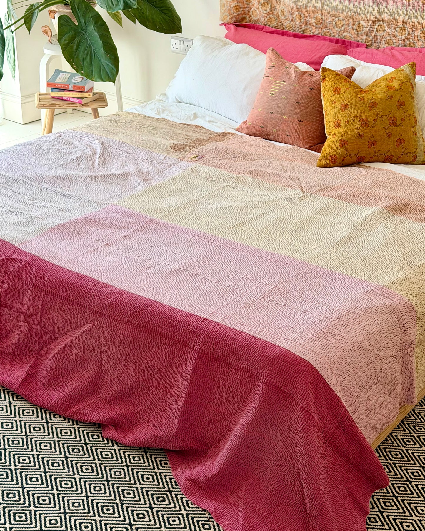 Extra Large Textured Vintage Kantha Quilt in Pink Colour Block and Peachy Pastels