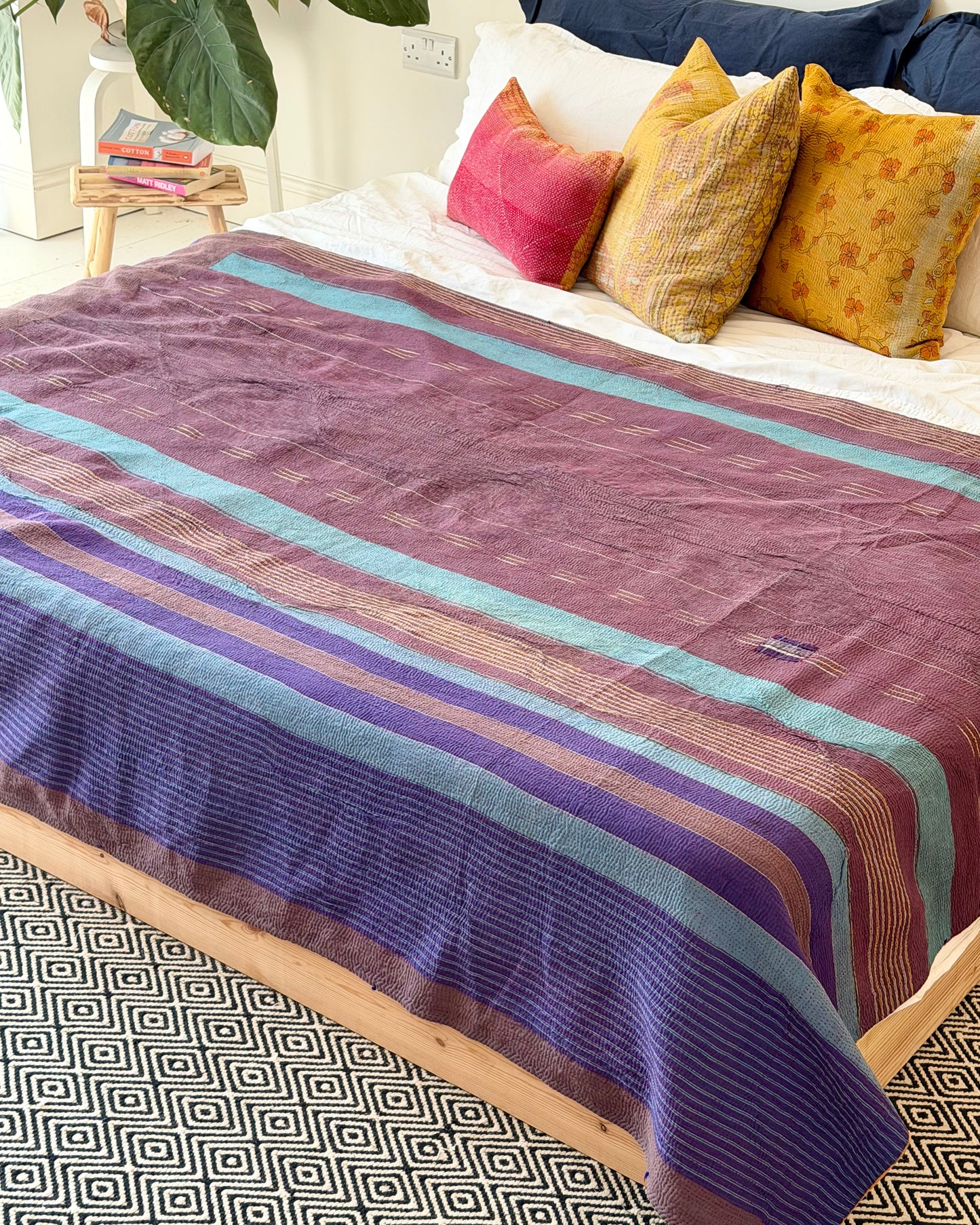 Extra Large Fine Stitched Vintage Kantha Quilt in Mustard Yellow, Red and Blue