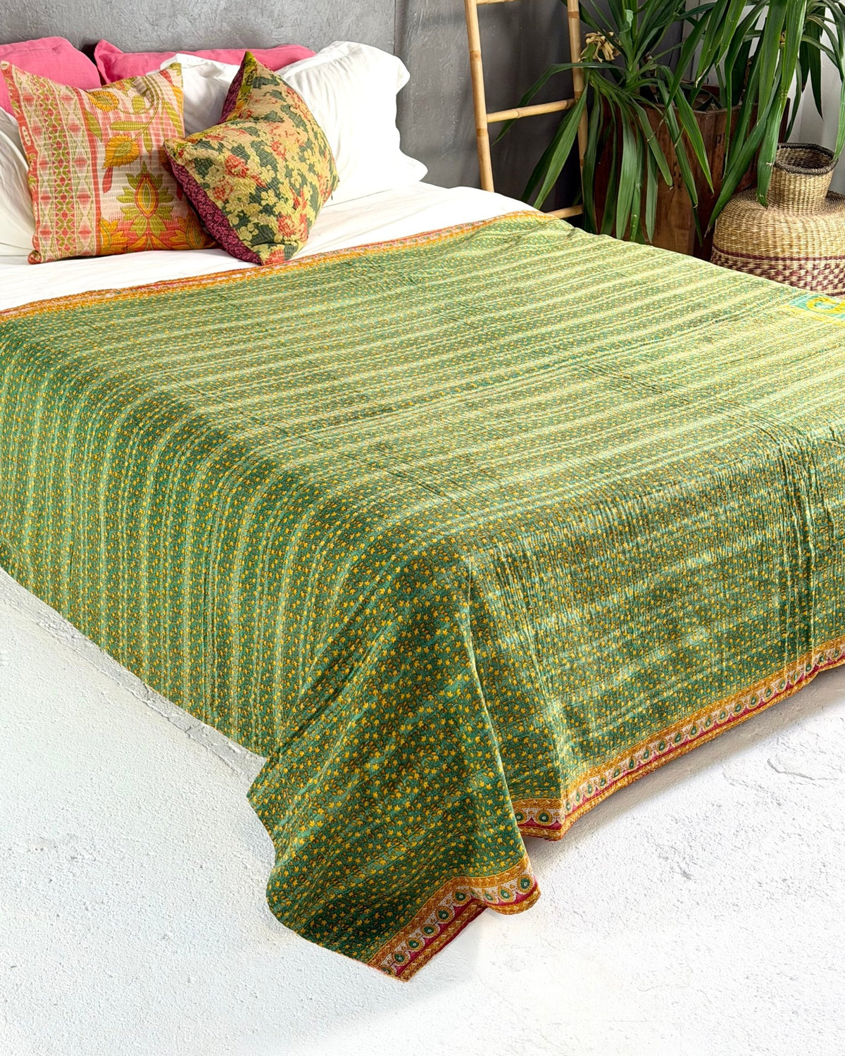 Extra Large Fine Stitched Vintage Kantha Quilt in Pink, Yellow and Green - Biggs & Hill