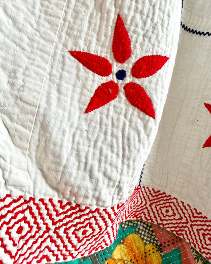Large Embroidered Vintage Kantha Quilt in White With Red Flower Pattern - Biggs & Hill