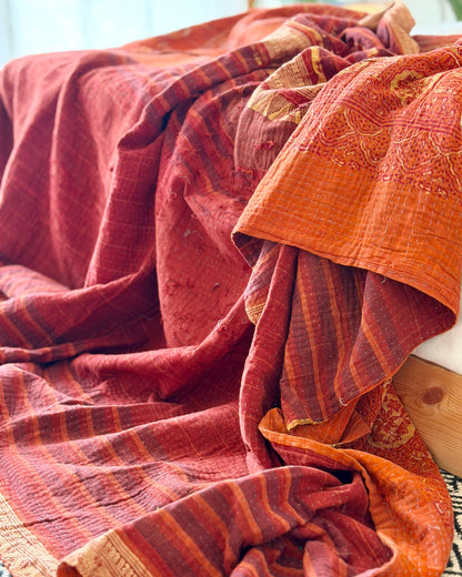 Extra Large Ajrakh Printed Vintage Kantha Quilt In Deep Red