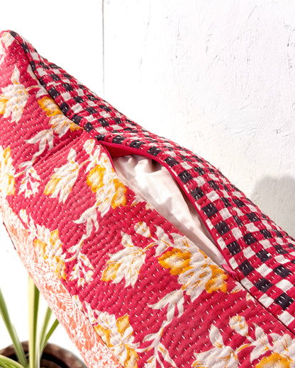 Vintage Kantha Bolster Cushion Cover In Patchwork Red and Pink - 100cm