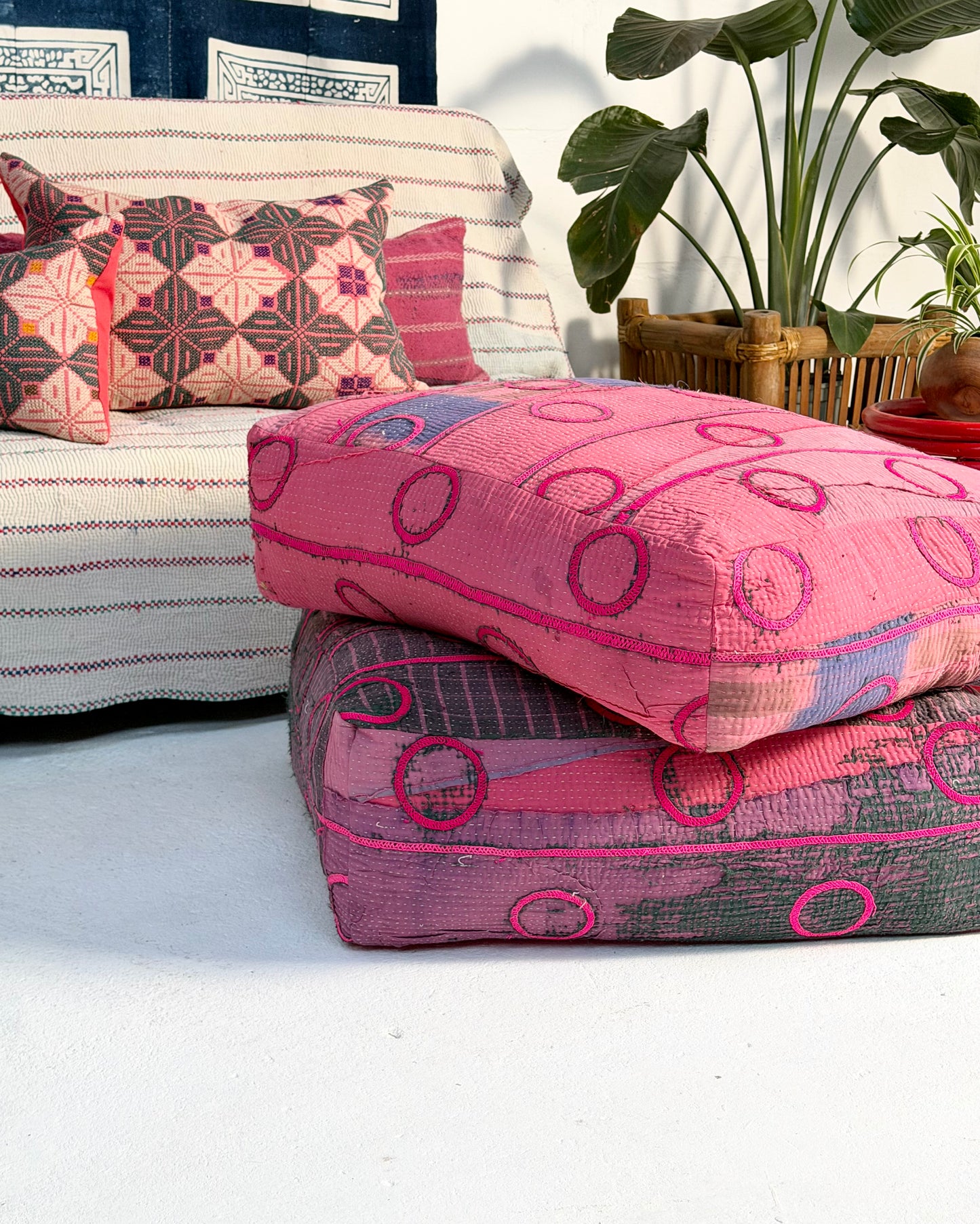 Large Square Kantha Floor Cushion Cover With Pink Circles