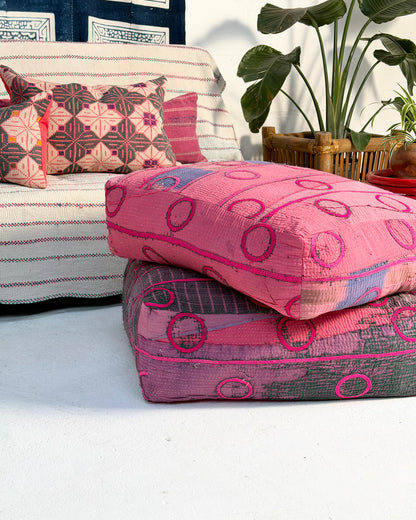 Large Square Kantha Floor Cushion Cover With Pink Circles
