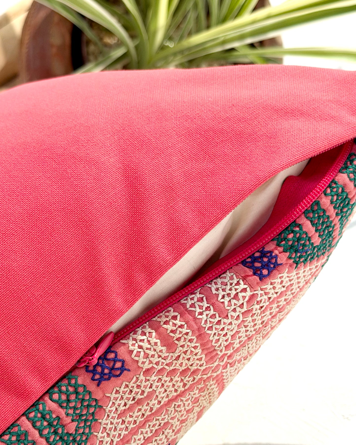 Vintage Galichi Kantha Cushion Cover In Pink - Small Rectangular