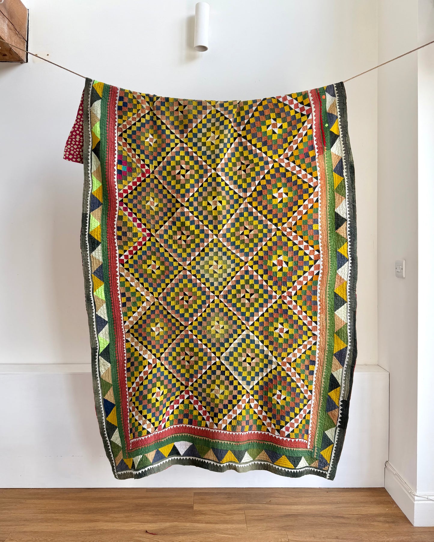 Vintage Embroidered Patchwork Ralli Quilt in Shades of Green