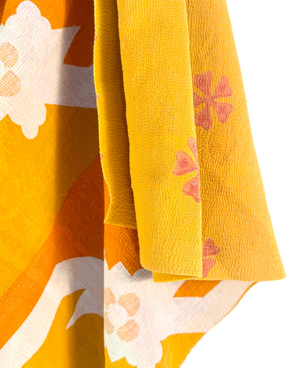 Extra Large Fine Stitched Vintage Kantha Quilt in Geometric Yellow and Orange