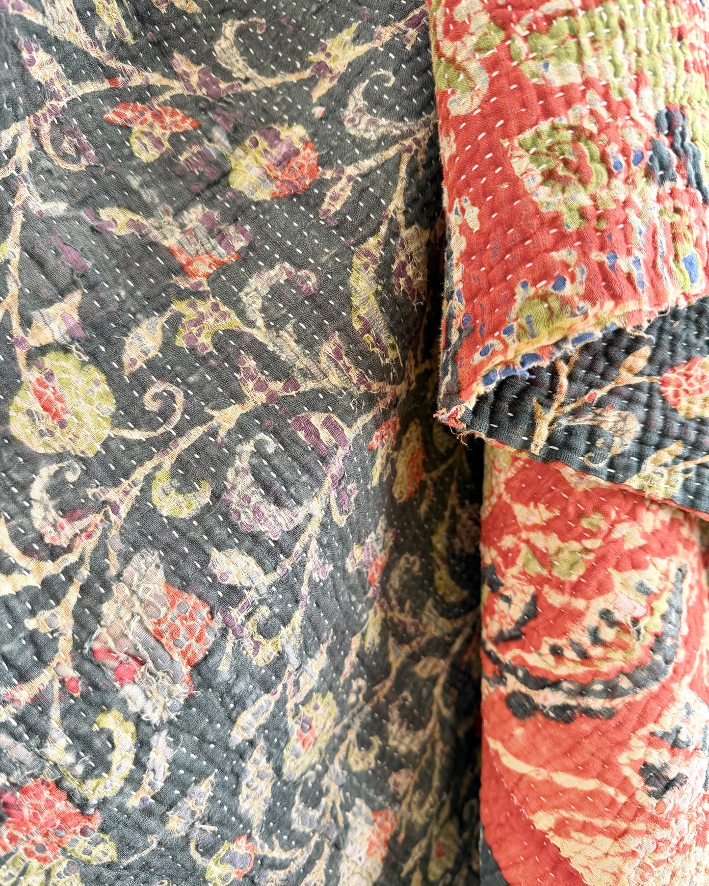 Hand Block Printed Fine Stitched Vintage Kantha Quilt In Muted Blue-Green and Orange