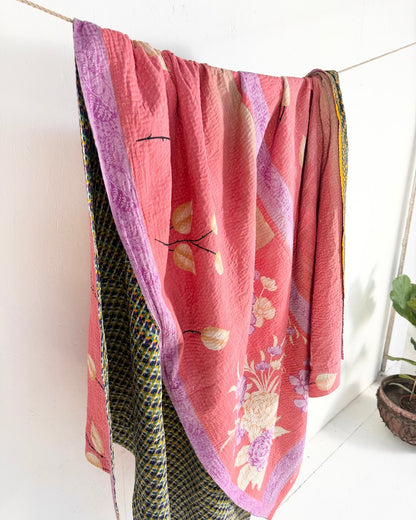 Extra Large Fine Stitched Vintage Kantha Quilt in Pink Floral, Yellow and Blue - Biggs & Hill