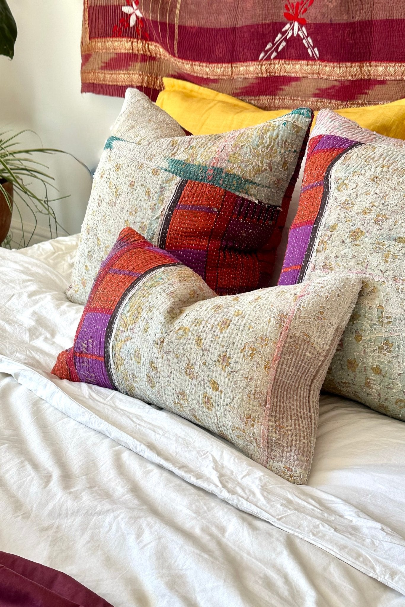 Vintage Kantha Cushion In Purple and Blue - Small Rectangular - Biggs & Hill