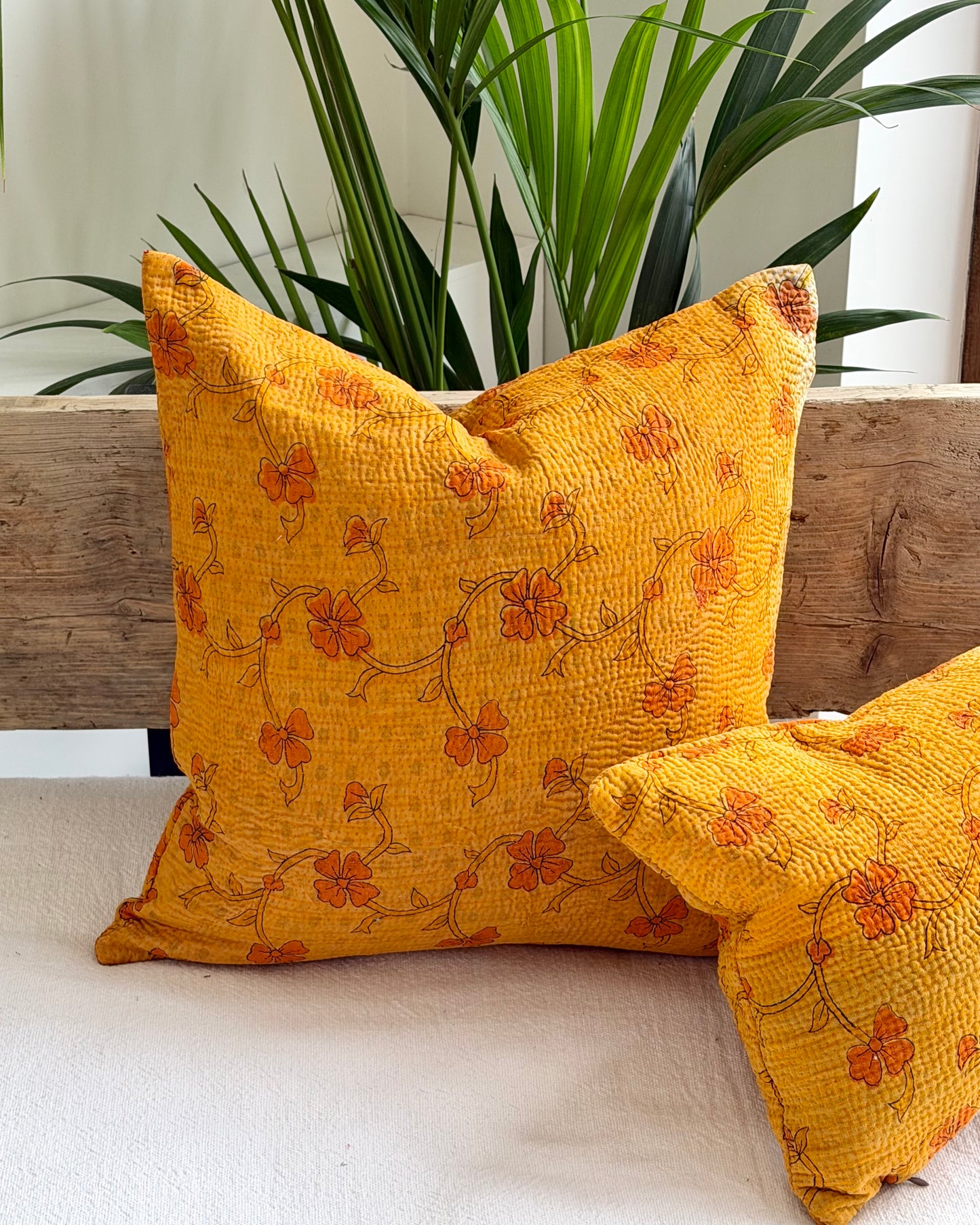 Vintage Kantha Cushion In Yellow Floral - 45cm Square