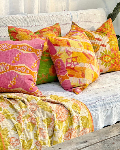 Handmade Reversible Vintage Kantha Cushion Cover In Pink and Yellow - 45cm (18") - Biggs & Hill