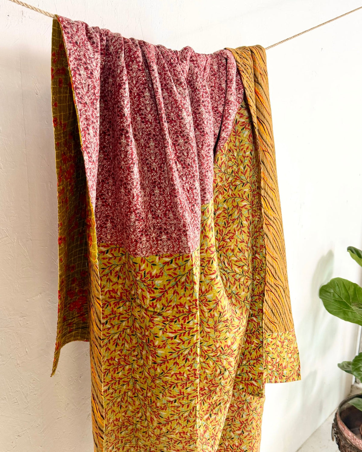 Fine Stitched Vintage Kantha Quilt in Pink, Yellow and Mustard - Biggs & Hill