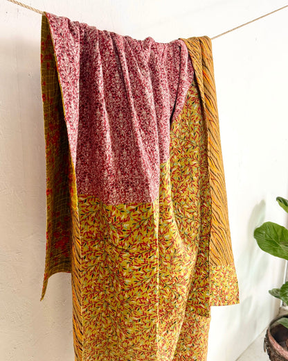 Fine Stitched Vintage Kantha Quilt in Pink, Yellow and Mustard - Biggs & Hill