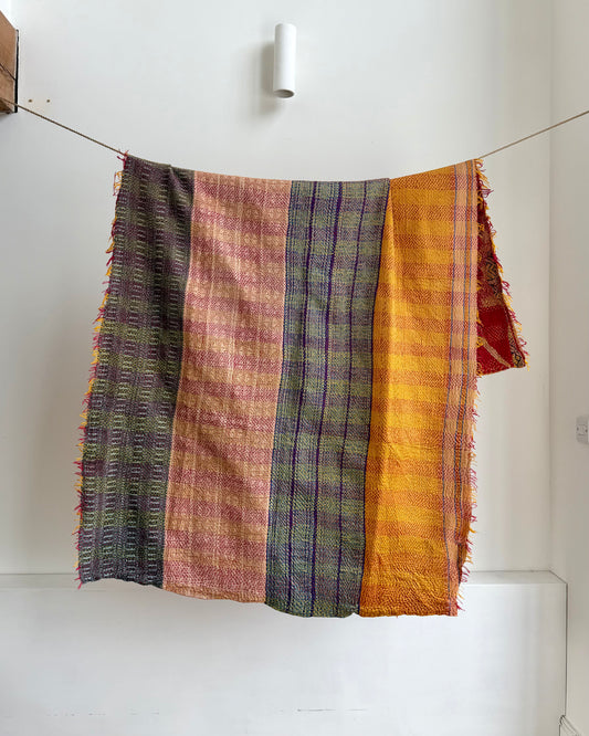 Heavy Kantha Blanket Quilt in Terracotta and Yellow and Green Stripe