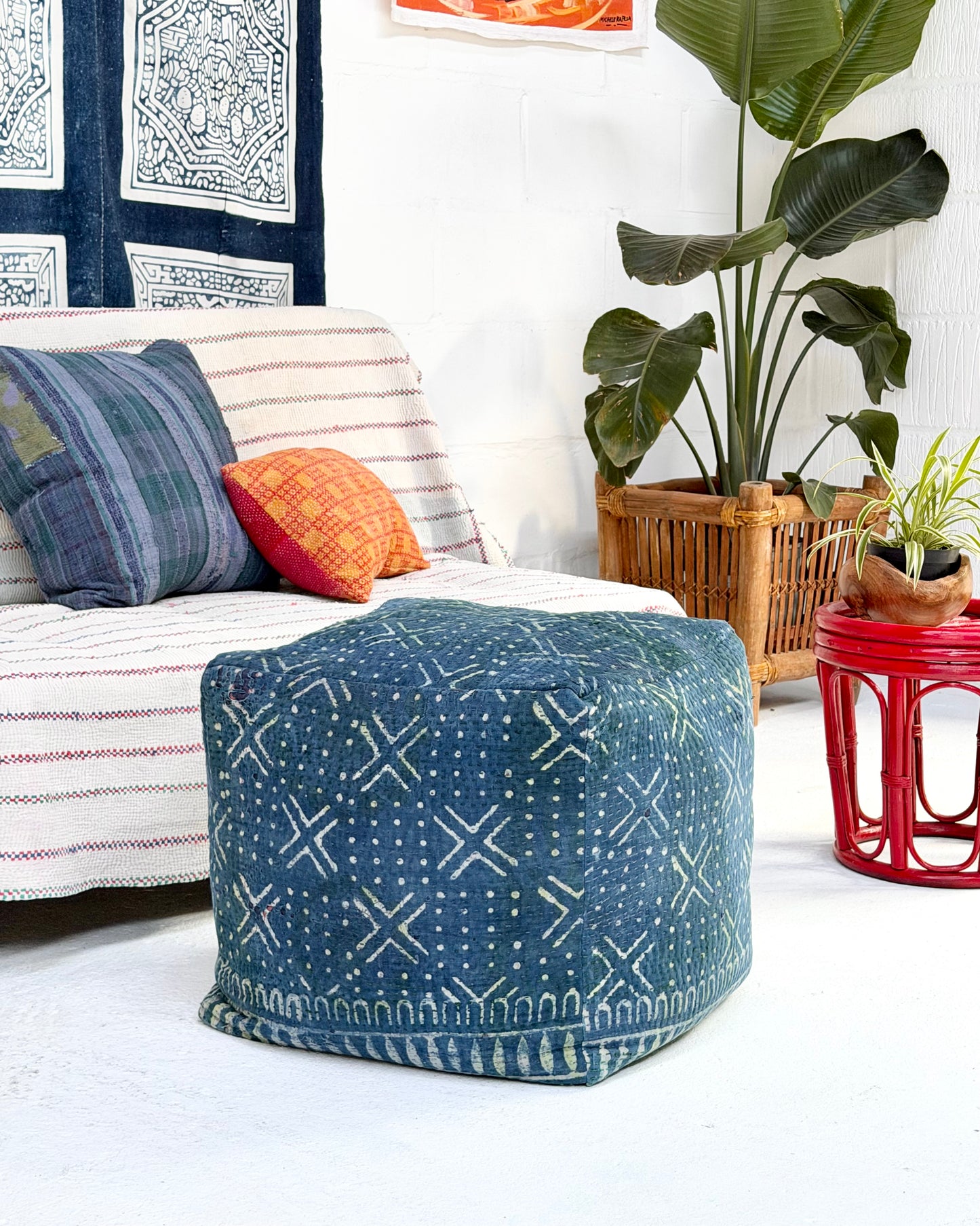 Cube Kantha Pouf Cushion Cover With Indigo Block Print
