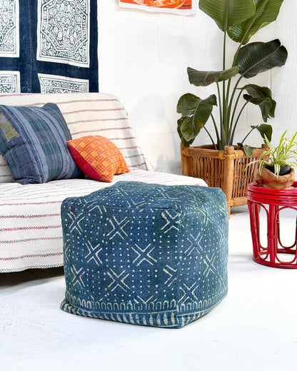 Cube Kantha Pouf Cushion Cover With Indigo Block Print