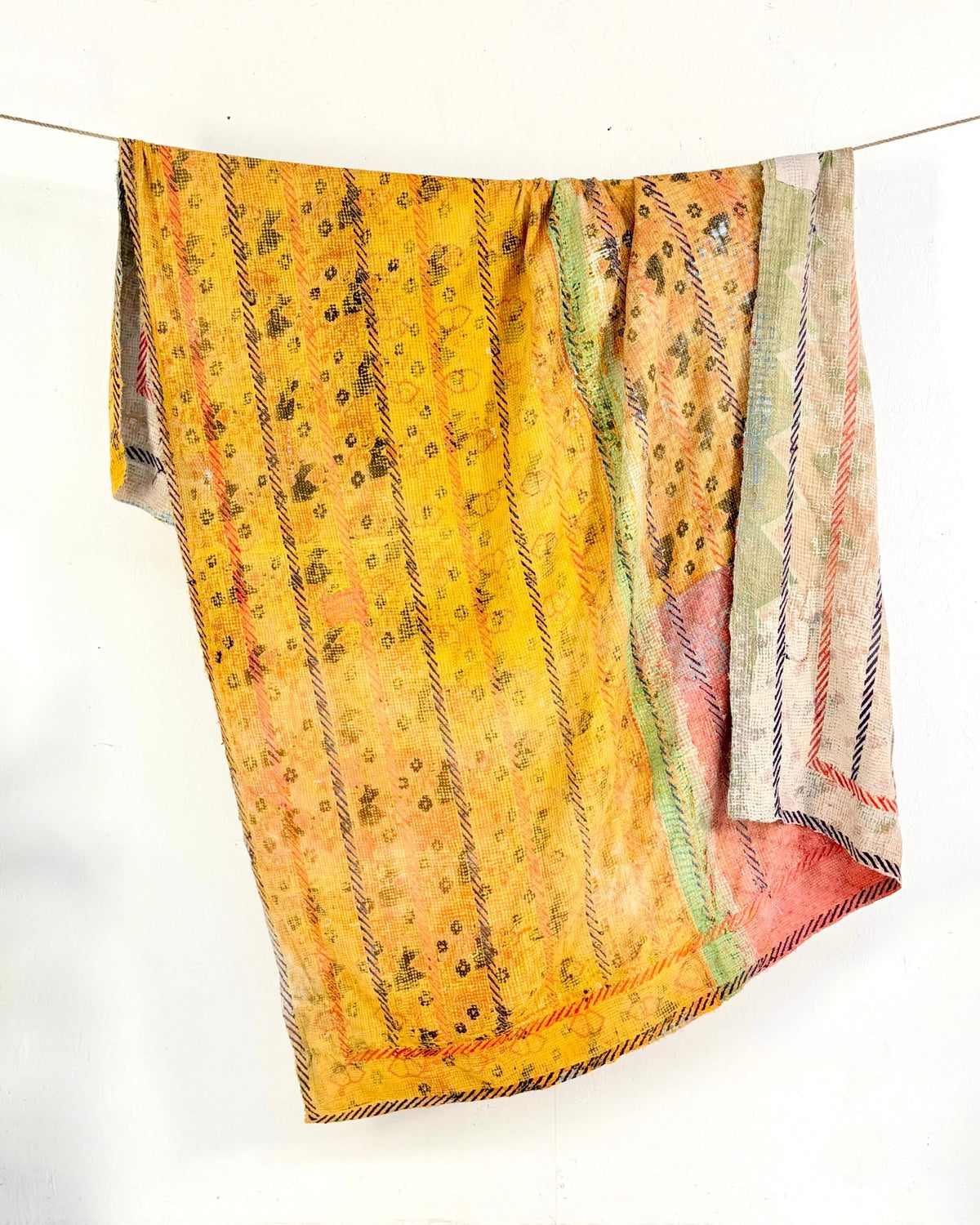 Large Embroidered Vintage Kantha Quilt in Yellow and Light Green - Biggs & Hill