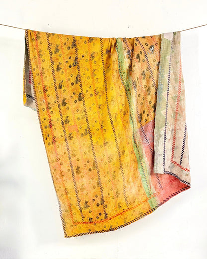 Large Embroidered Vintage Kantha Quilt in Yellow and Light Green - Biggs & Hill