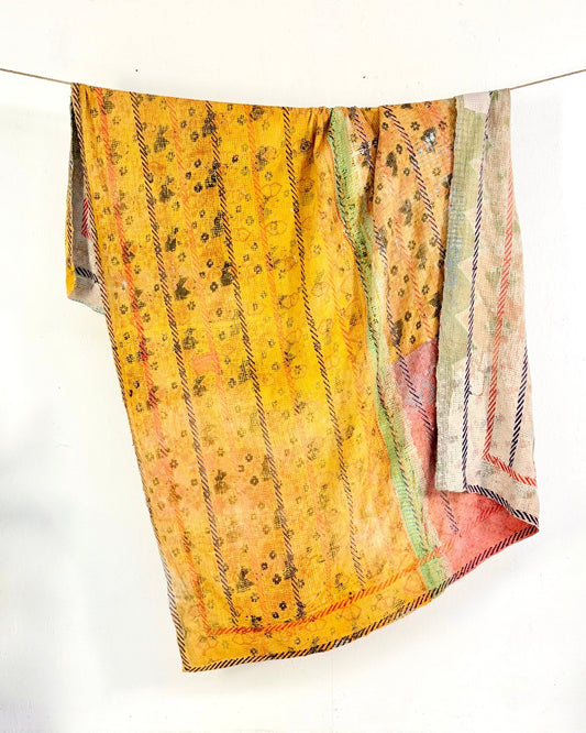 Large Embroidered Vintage Kantha Quilt in Yellow and Light Green - Biggs & Hill