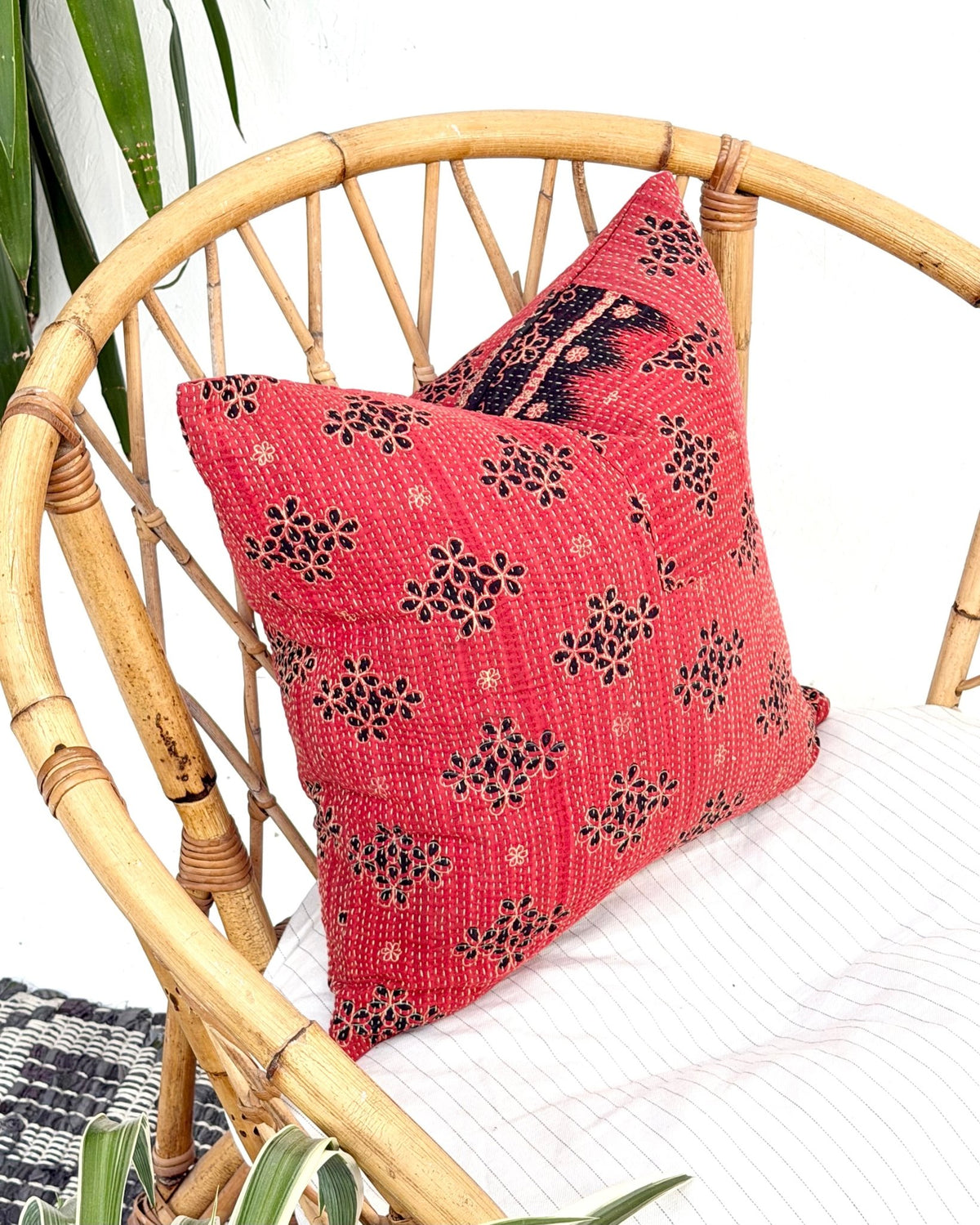 Handmade Reversible Vintage Kantha Cushion Cover In Red and Black - 45cm (18") - Biggs & Hill