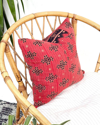 Handmade Reversible Vintage Kantha Cushion Cover In Red and Black - 45cm (18") - Biggs & Hill