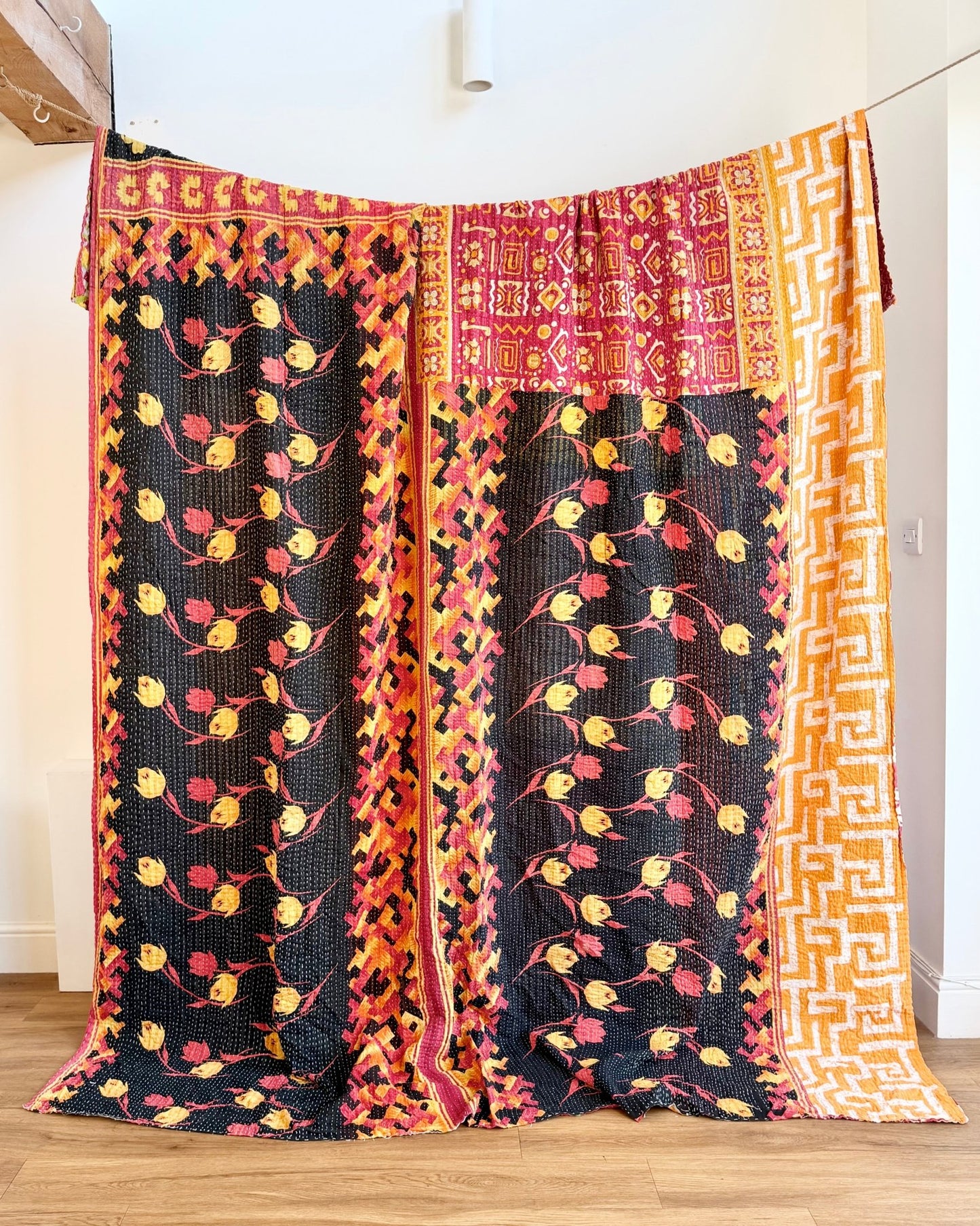 Super King Vintage Kantha Quilt in Orange, Black and Yellow - Biggs & Hill