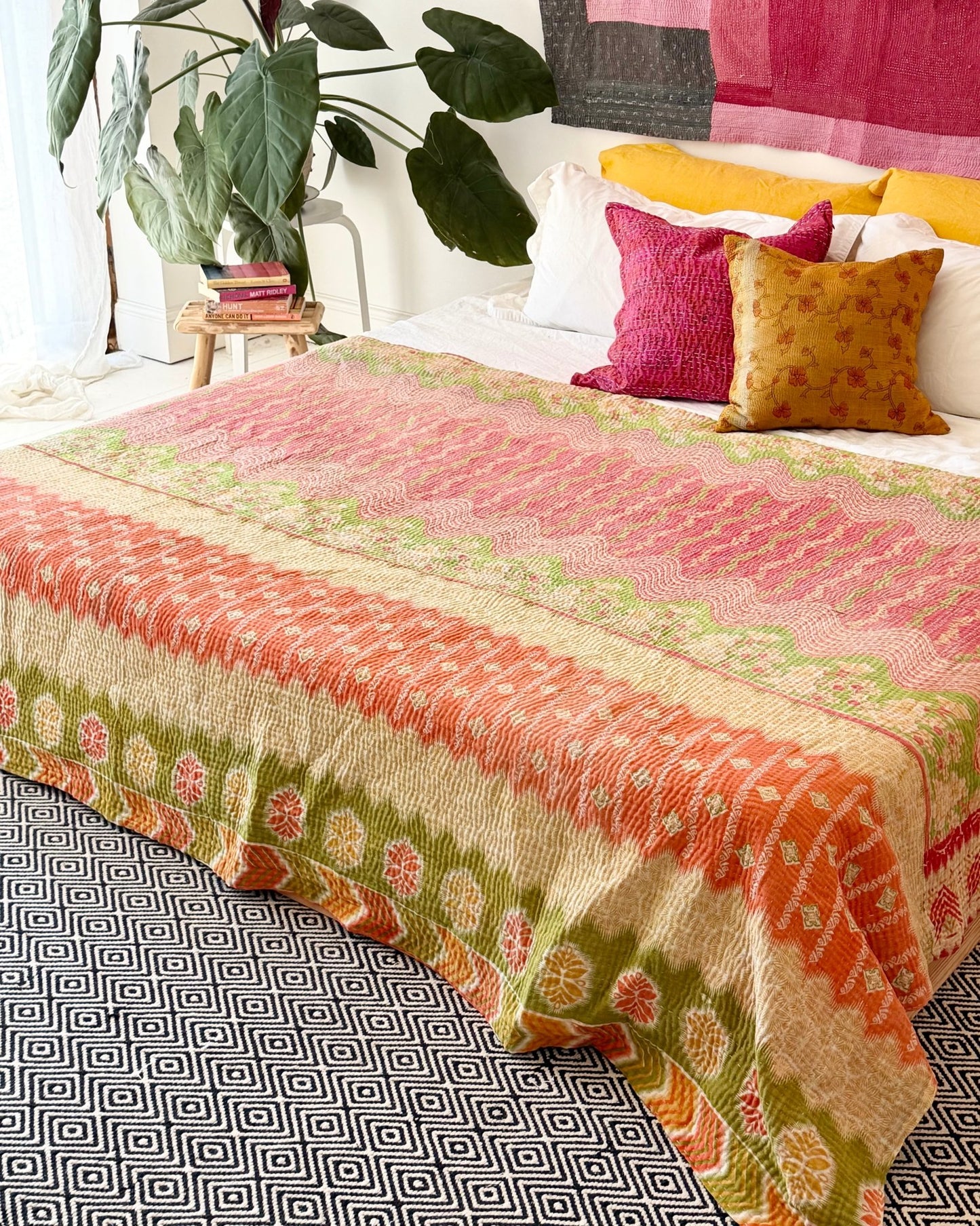 Large Fine Stitched Vintage Kantha Quilt in Orange, Green, Lilac and Yellow - Biggs & Hill