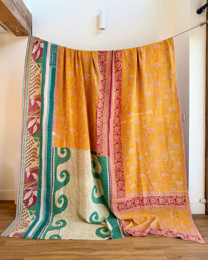 Super King Vintage Kantha Quilt in Pink, Blue and Yellow - Biggs & Hill