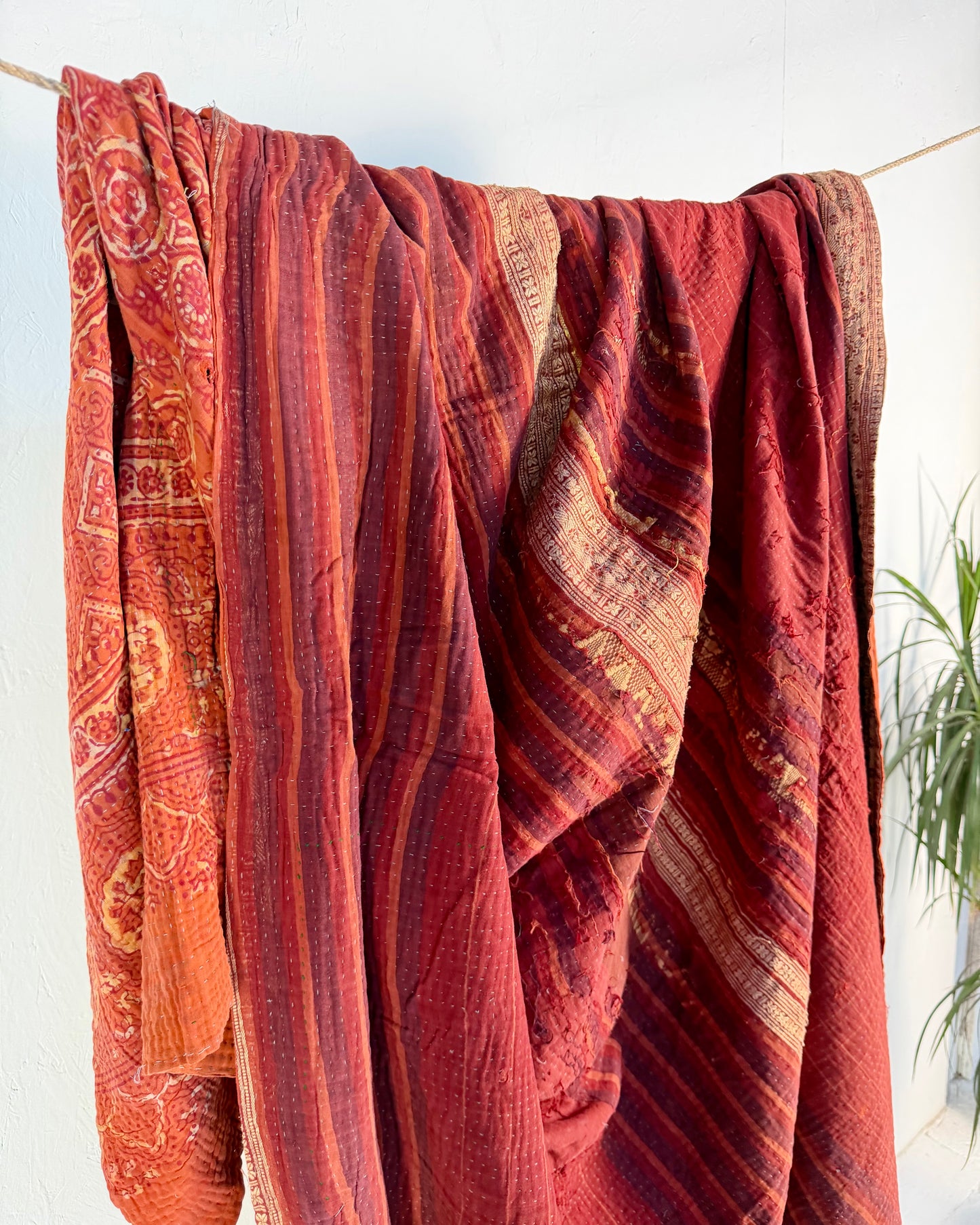 Extra Large Ajrakh Printed Vintage Kantha Quilt In Deep Red