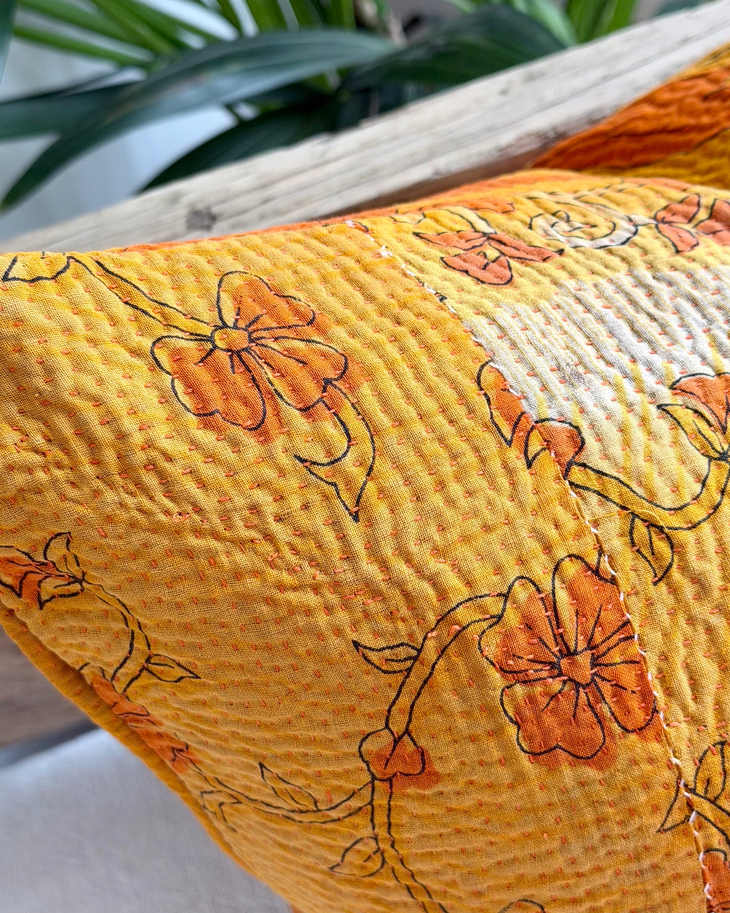 Vintage Kantha Cushion In Yellow Floral - 45cm Square