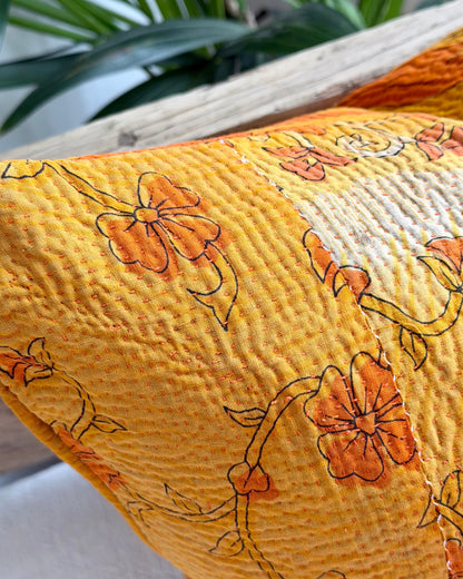 Vintage Kantha Cushion In Yellow Floral - 45cm Square