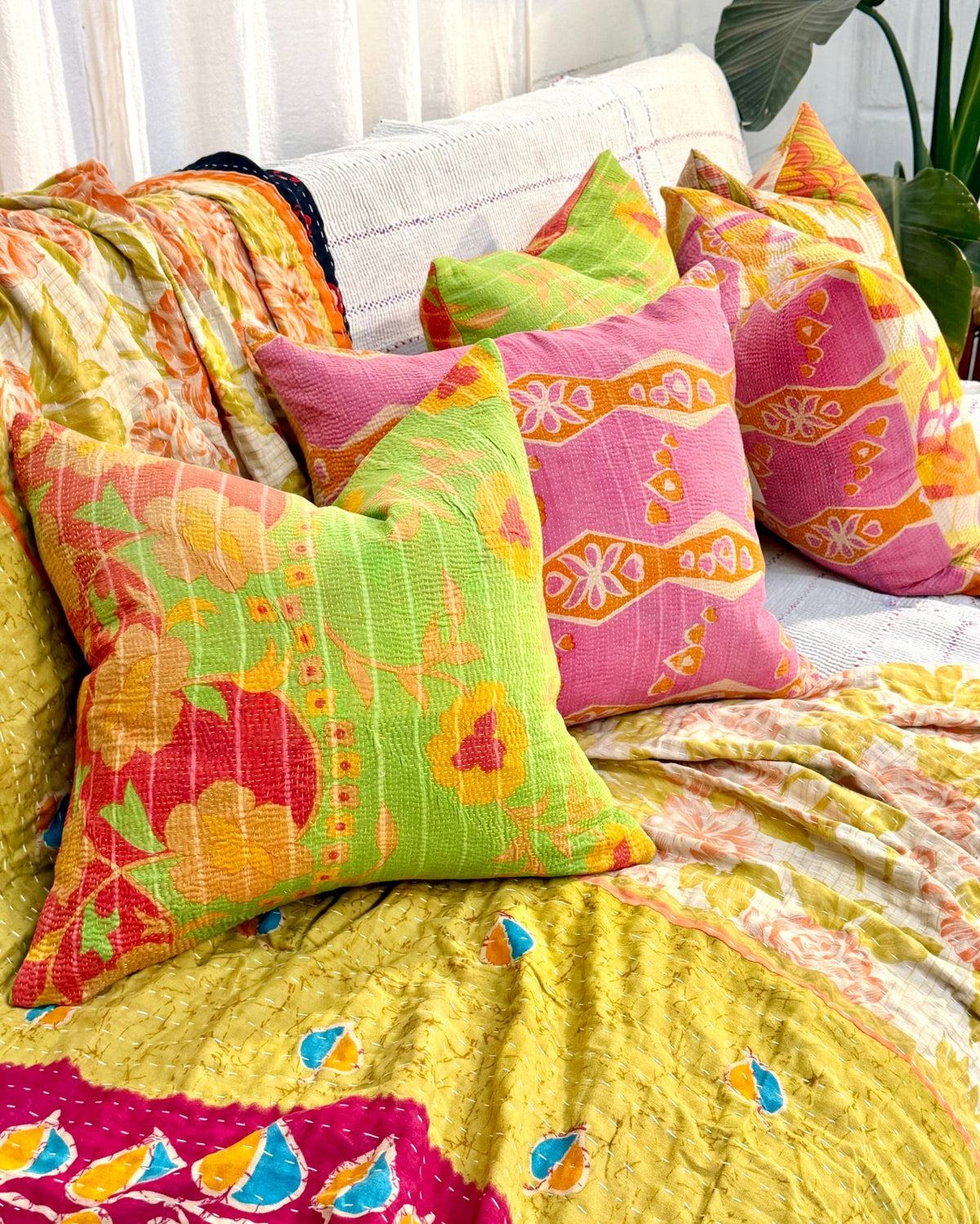 Handmade Reversible Vintage Kantha Cushion Cover In Green and Yellow - 45cm (18") - Biggs & Hill