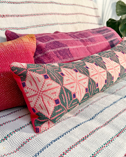 Vintage Kantha Bolster Cushion Cover In Pink With Embroidered Stripes - 80cm