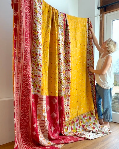 Super King Vintage Kantha Quilt in Orange, Black and Yellow