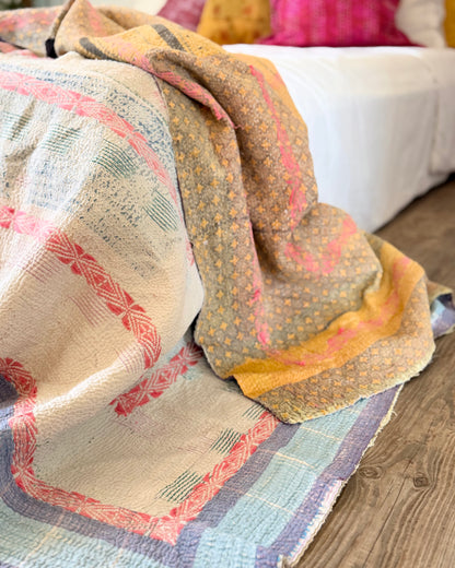 Embroidered Vintage Kantha Quilt in Yellow, Pink and White