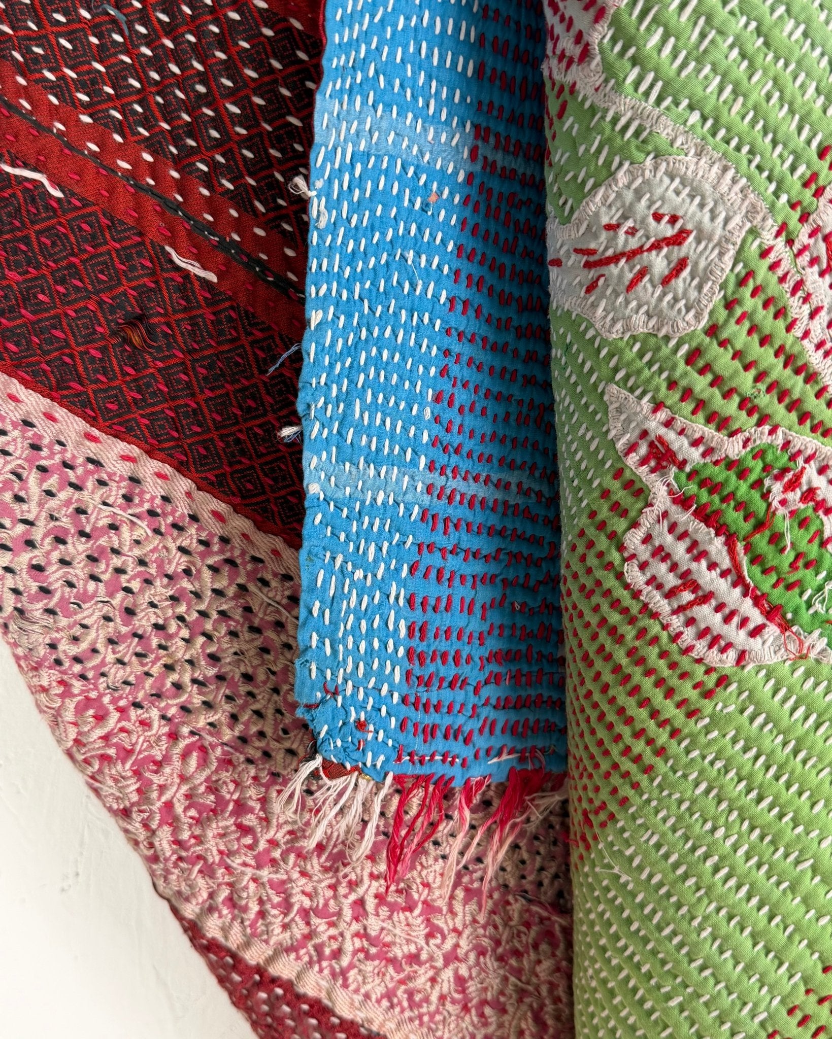 Heavy Kantha Blanket Quilt With Red Stripes And Green Back - Biggs & Hill