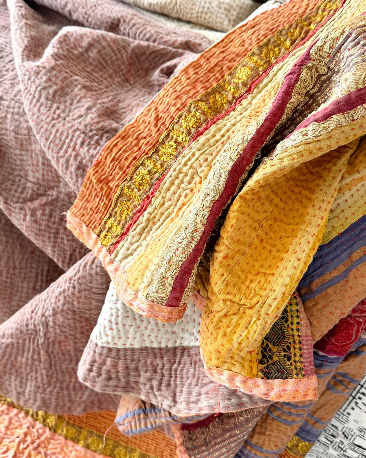 Extra Large Fine Stitched Vintage Kantha Quilt in Yellow and Pink Stripes - Biggs & Hill